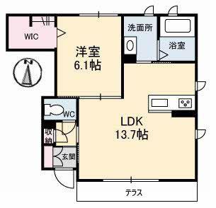 ウェランガ B棟(1LDK/1階)の間取り写真