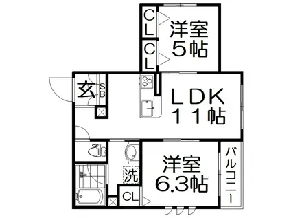 JR片町線 寝屋川公園駅 徒歩7分 2階建 築5年(2LDK/2階)の間取り写真