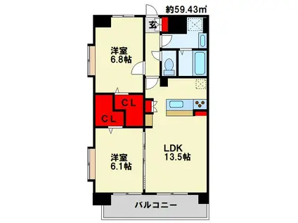 ハイネス若園II(2LDK/3階)の間取り写真