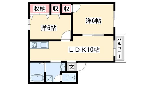 神戸電鉄粟生線 三木駅(神戸電鉄) 徒歩7分 2階建 築35年(2LDK/2階)の間取り写真