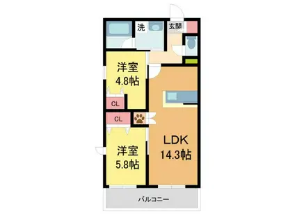 西宮市甲東園2丁目ヘーベルメゾン(2LDK/3階)の間取り写真
