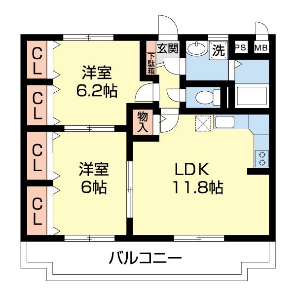 カルム宮(2LDK/2階)の間取り写真