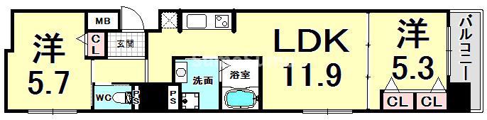プリオーレ三宮(2LDK/8階)の間取り写真