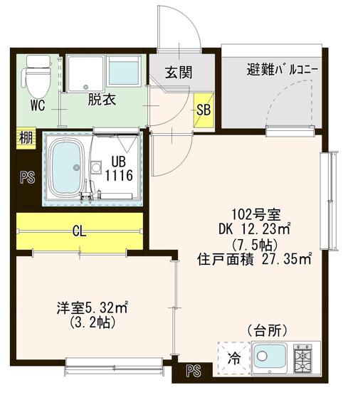 エールフェルト庄内通(1DK/1階)の間取り写真