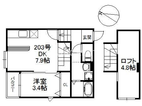 ラフィーナ次郎丸(1DK/2階)の間取り写真