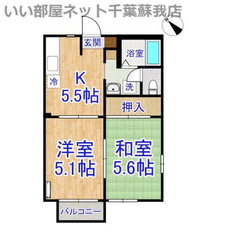 ソレイユ若葉 B棟(2K/2階)の間取り写真