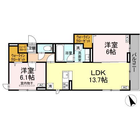 D PAINA 宿河原6 II(2LDK/2階)の間取り写真