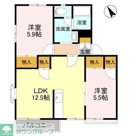 ライフタウニーB街区6号棟(2LDK/2階)の間取り写真