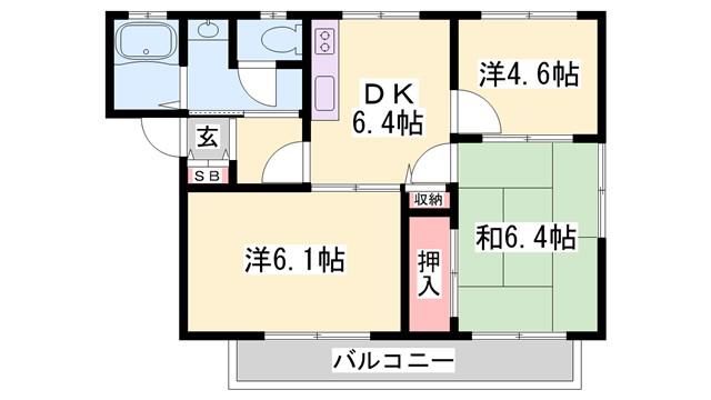 ヴィラ・シャンピニヨンIIF(3DK/1階)の間取り写真