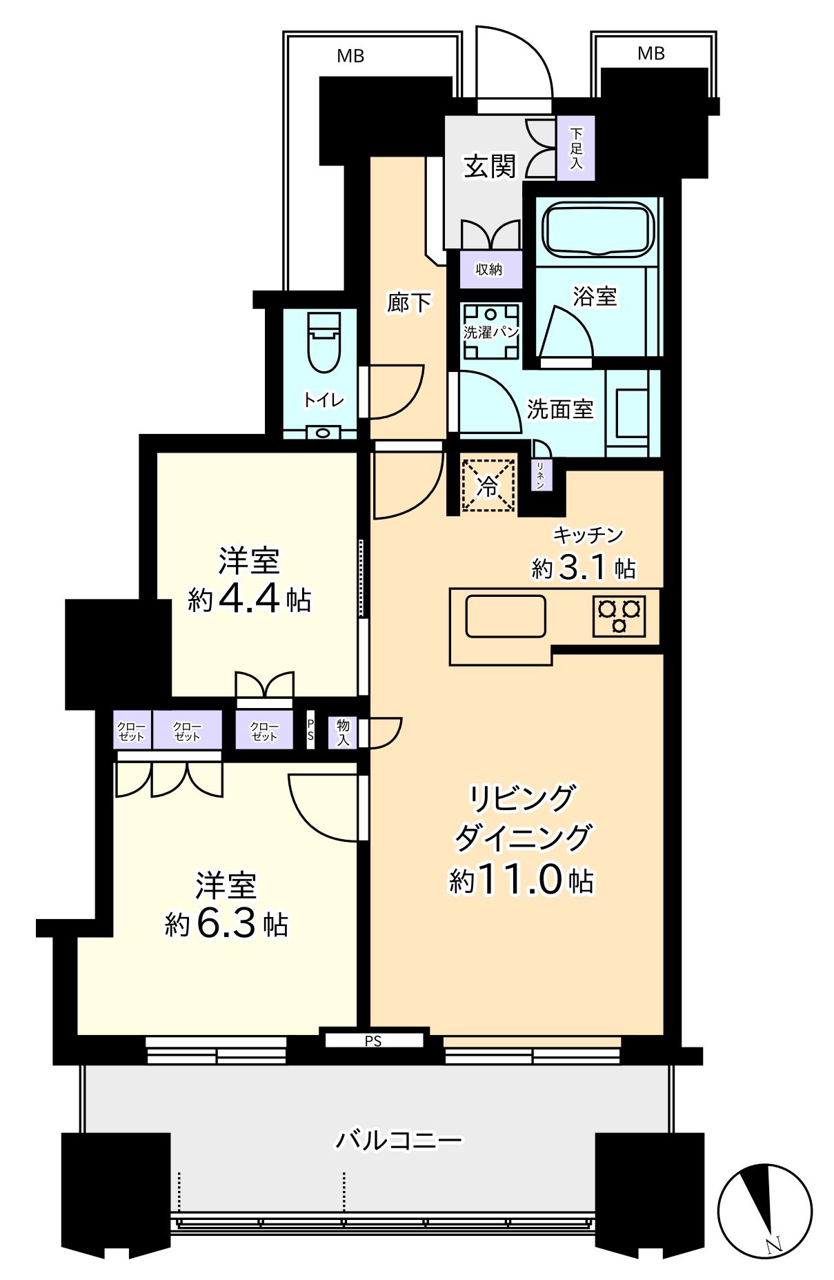 富久クロスコンフォートタワー(2LDK/15階)の間取り写真