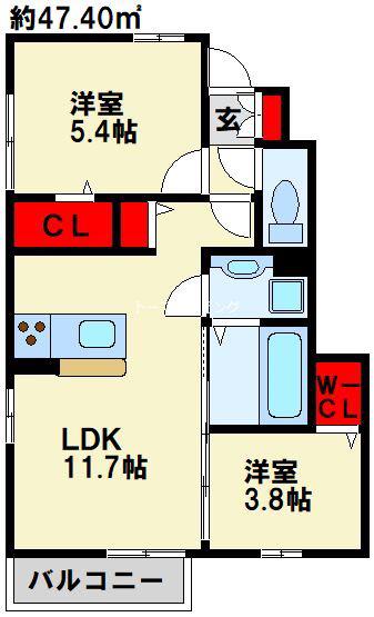 サニーコート B棟(2LDK/1階)の間取り写真