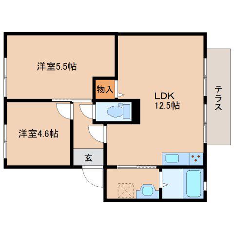 アスティオン飛鳥C(2LDK/1階)の間取り写真