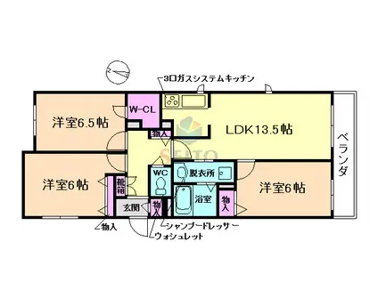 リヴェールヒルズ北桜塚(3LDK/3階)の間取り写真