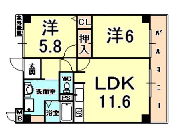 アリストコート御影(2LDK/2階)の間取り写真