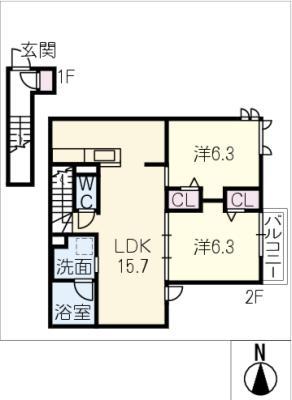 JA 小牧市常普請(2LDK/2階)の間取り写真