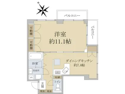 スクエアフリー(1DK/2階)の間取り写真