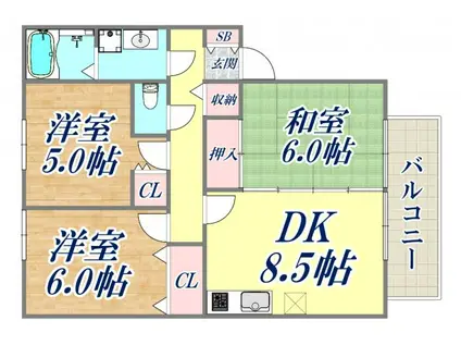 グランパルク向井B棟(3DK/2階)の間取り写真