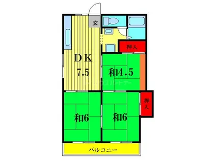 京成本線 京成小岩駅 徒歩9分 2階建 築43年(3DK/2階)の間取り写真