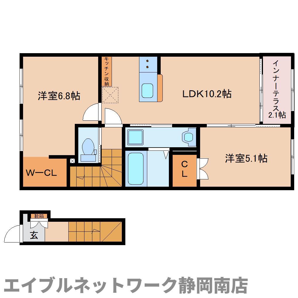 藤枝市田沼アパート(2LDK/2階)の間取り写真