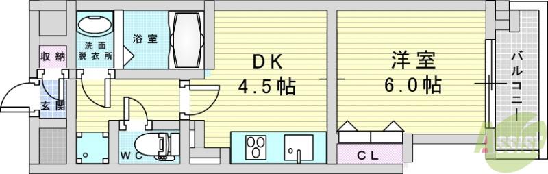 ワールド・シズ・弐番館(1DK/4階)の間取り写真