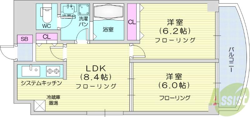 K-1二日町(2LDK/8階)の間取り写真