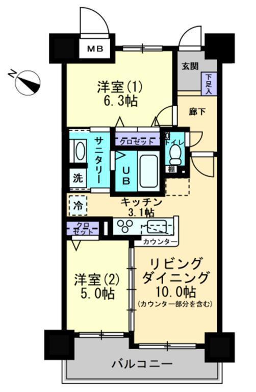 アルファフレシア下松駅前(2LDK/2階)の間取り写真