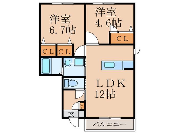 ディアコートハイツ B棟(2LDK/1階)の間取り写真