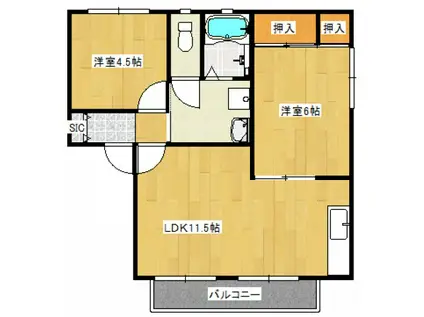 ディアス安岡(2LDK/2階)の間取り写真