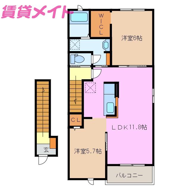 フェリーチェ III(2LDK/2階)の間取り写真