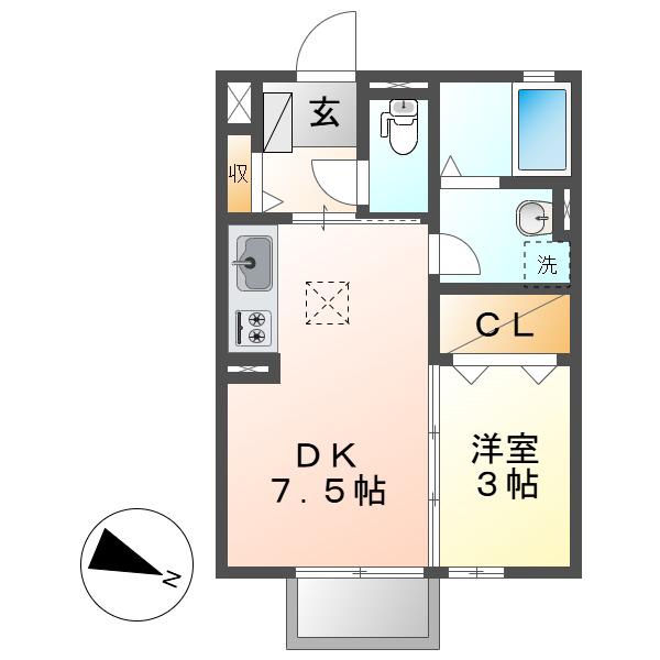 ティエラ川入(1DK/1階)の間取り写真