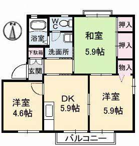ニューヒルズ A棟(3K/2階)の間取り写真