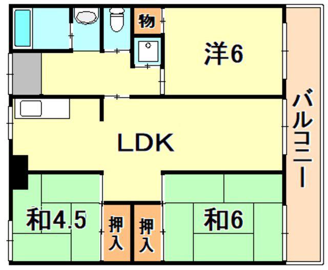 西芦屋グリーンハウス(3LDK/6階)の間取り写真