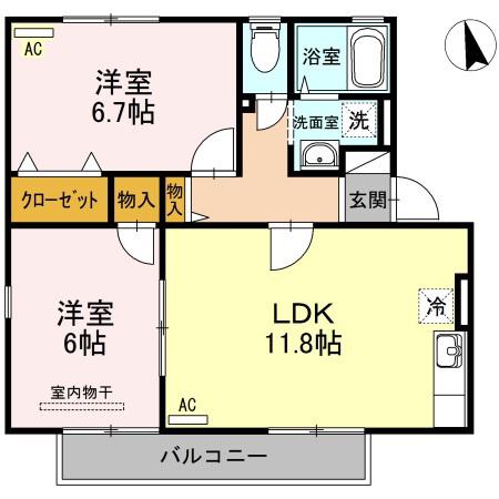 ハイカムール麻美B(2LDK/2階)の間取り写真