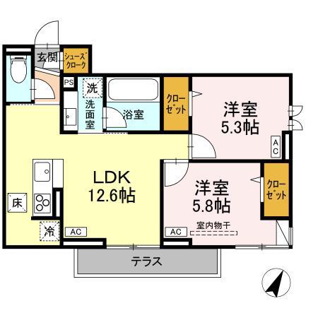 アセット-コート立川上砂町5丁目 B棟(2LDK/1階)の間取り写真
