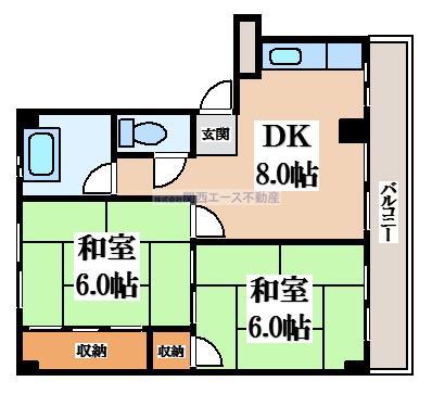 旭ヶ丘コーポラス 西棟(2DK/2階)の間取り写真