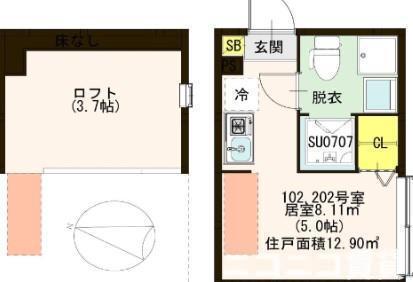 ハーモニーテラス千住寿町(ワンルーム/2階)の間取り写真
