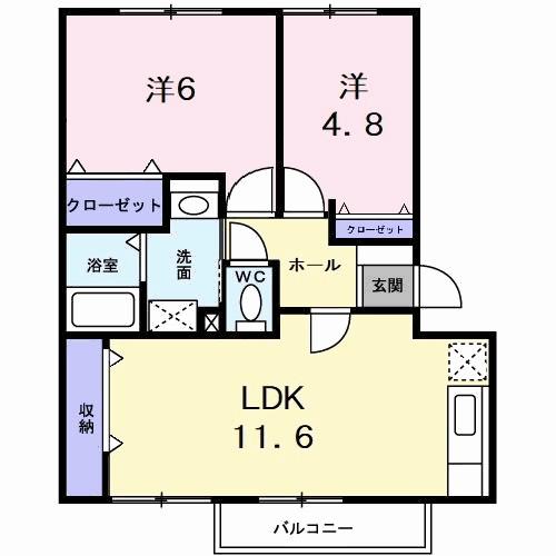 グランディール矢三B(2LDK/1階)の間取り写真