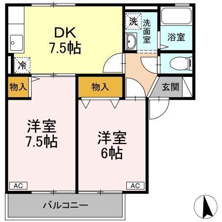 プライムガーデン(2DK/1階)の間取り写真