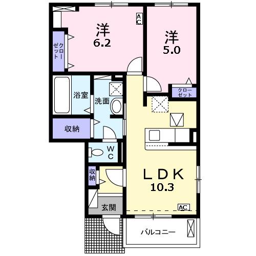プリートンB(2LDK/1階)の間取り写真