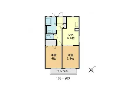 ローズハイム船橋宮本(2DK/2階)の間取り写真