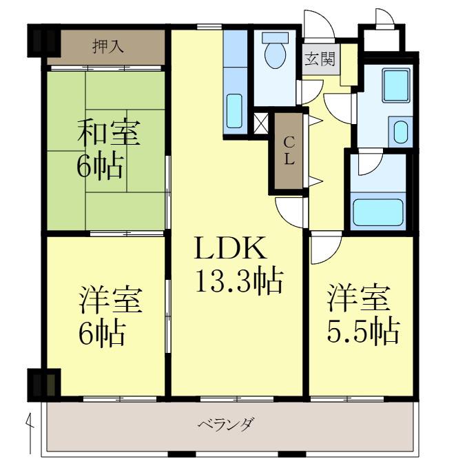 岡長マンション(3LDK/2階)の間取り写真