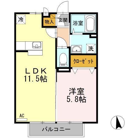 メルベーユ B棟(1LDK/2階)の間取り写真