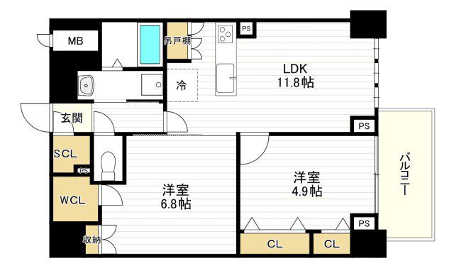 スプランディッド上本町ウエスト(2LDK/7階)の間取り写真
