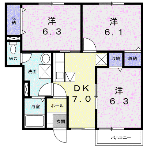 プロムナード 壱番館(3DK/1階)の間取り写真