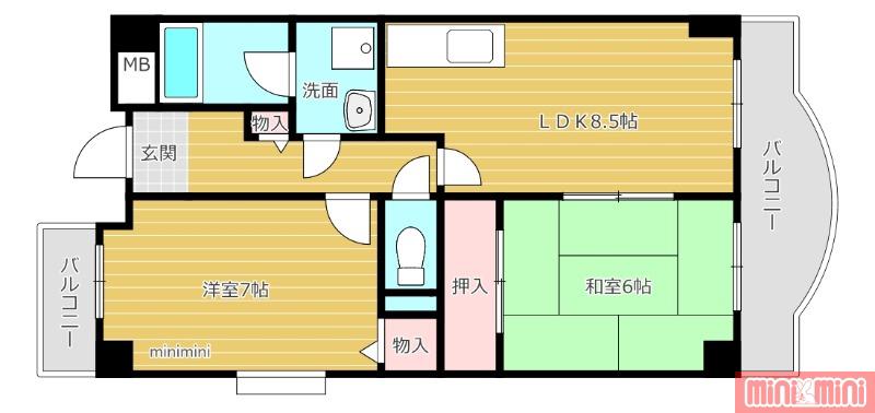 ベルハイム鴻池(2LDK/7階)の間取り写真
