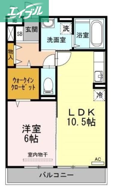 ミアカーサA棟(1LDK/2階)の間取り写真