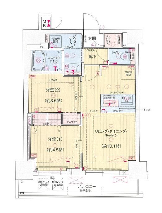 プレリス花の木オルディア(2LDK/11階)の間取り写真