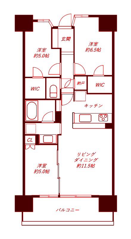 シティテラス川崎鈴木町グランドシーズンズ(3LDK/13階)の間取り写真