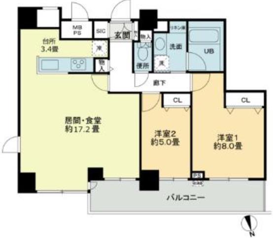 クロスレジデンス大阪新町(2LDK/21階)の間取り写真