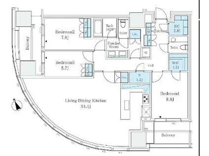 麻布台ヒルズレジデンスB(3SLDK/28階)の間取り写真